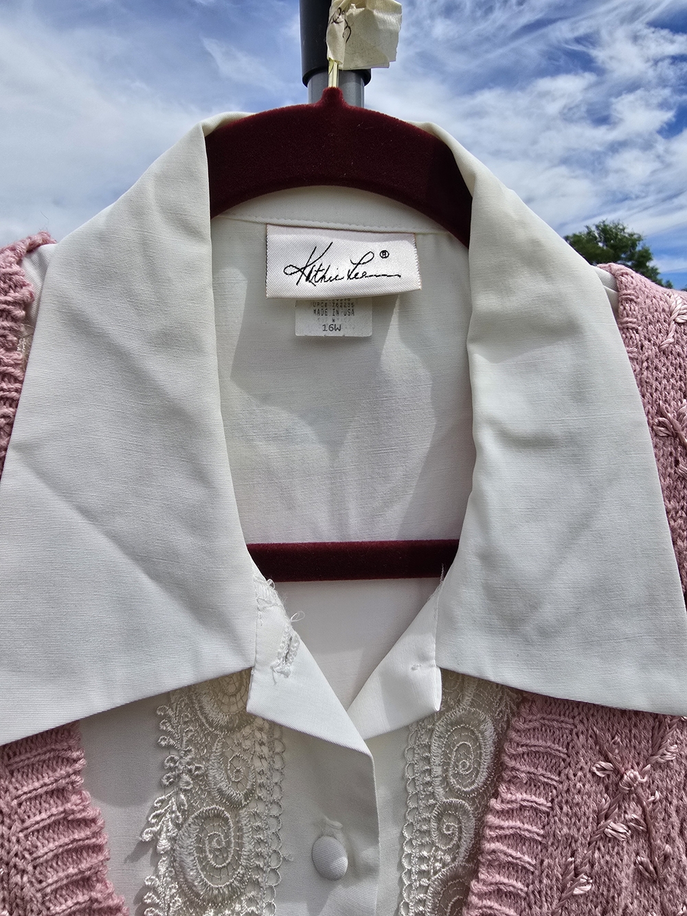 Vintage Grandmacore Plus Size Set: Pink Knit Vest + Cream Lace Blouse 16W 1X - Picture 3 of 6